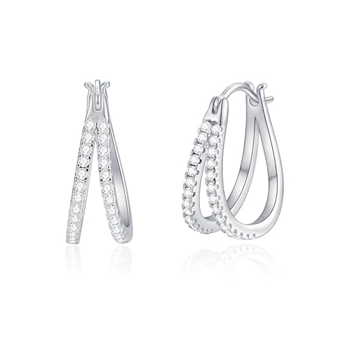 E Hypoallergenic 14K Gold Plated Hoop Earrings for Women, Double Hoops Earrings Plated Diamond with Cubic Zirconia Pave Cluster Lightweight Hoops Earrings for Lover Anniversary Birthday