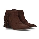 shoes&blues.es 100058 Botin de Mujer Estilo Cowboy Diseno Calado Decorativo Detalle Lateral de Flecos, Tacon Ancho, Punta Fina. Sin Cierre. Cafe Talla 38