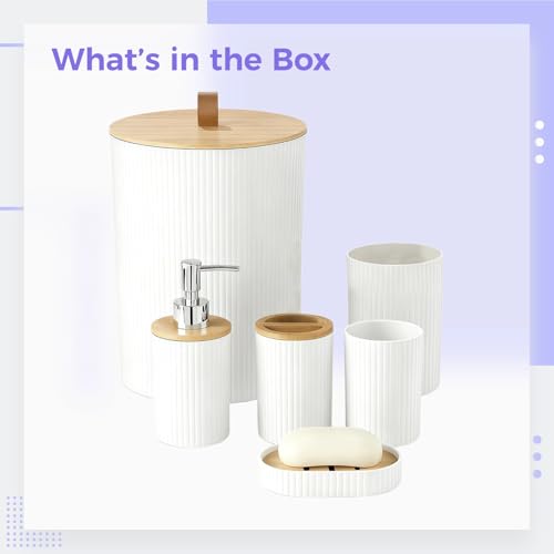 Juego de 6 accesorios de baño blanco con tapa de madera para el hogar 6