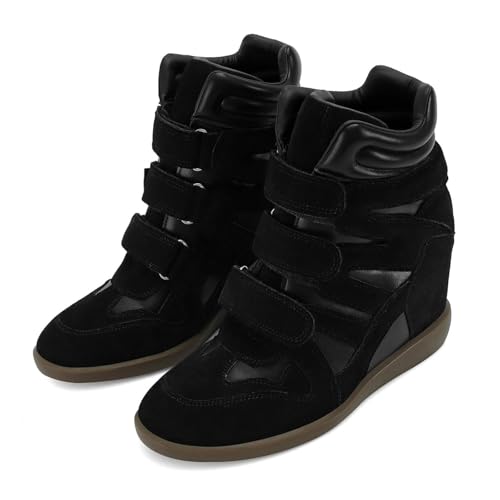 Image of Dsevht Hidden Wedge Sneakers for Women High Top Fashion Sneaker Suede High Heel Platform Tennis Triple Strappy Band Casual Vintage Dressy Comfy Campus Trendy Retro Sneaker