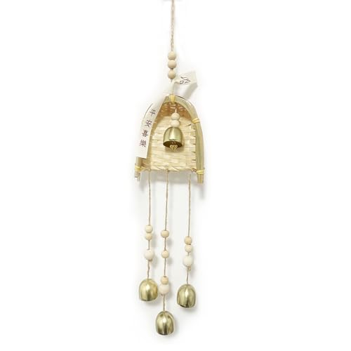 Bamboo Wall Hanging with Gold Bells- Handmade Woven Ornament Wind Chimes for Home Door, Wall, Window, Bedroom, Living Room, Patio, Bistro, Porch