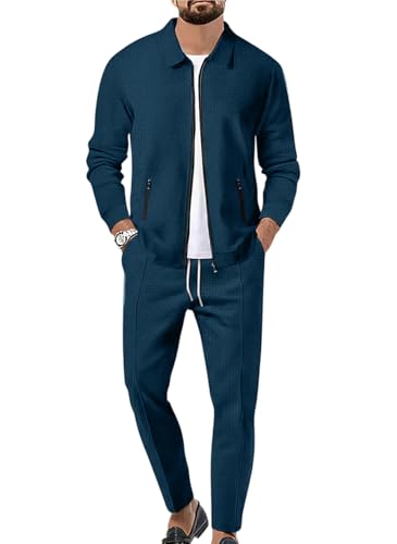 Image of Jawdrobe Men's Zipper-Check Co-Ord Set | Self-Textured Collar Top | Drawstring Jogger Pants | Cotton-Blend Loungewear Night-Suit | Mans Casual Travel Two-Piece