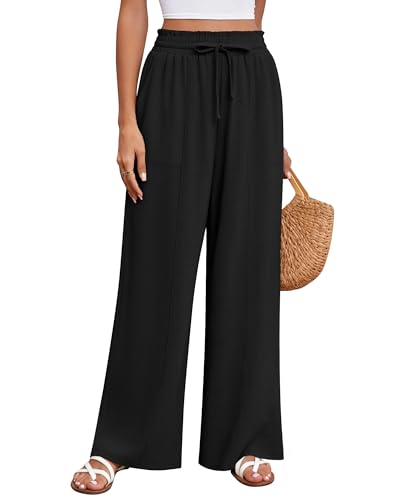 Huukeay Women's Linen Wide Leg Pants, High Waist Flowy Palazzo Pants with Pockets Drawstring Summer Casual Work Trousers(Black,X-Large)