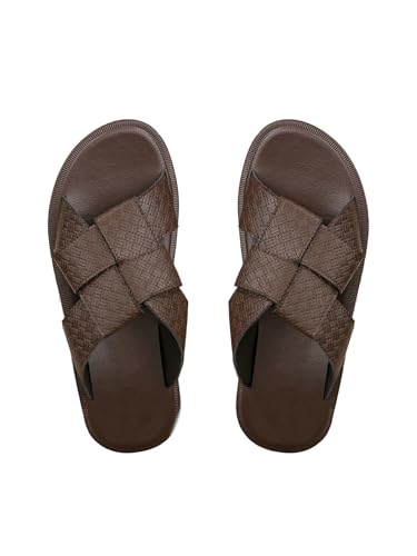 GORGLITTER Men's Leather Beach Roman Sandals 2025 Criss Cross Open Round Toe Slip On Slide