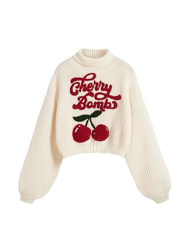 Women's Cherry Embroidered Turtleneck Sweaters Long Sleeve Knit Pullover Tops Knitwear