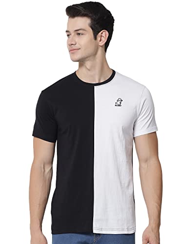 Image of RABBY Men's Cotton Regular Fit Vertical Half-Half Color Block Round Neck T-Shirt