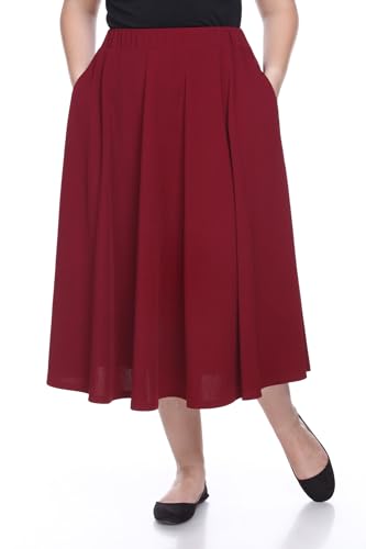 White Women's Plus Size Flared Midi Skirt with Pockets