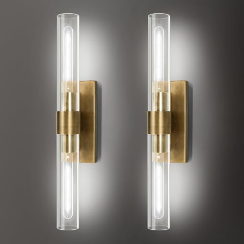 Image of Brass Wall Sconces Set of Two, 22.8 inch Sconces Wall Lighting 2-Light, Gold Bathroom Wall Sconces, Glass Vanity Lights, Indoor Wall Sconce for Bathroom, Bedroom, Living Room, Hallway