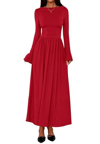BTFBM Long Sleeve Maxi Dresses for Women 2025 Fall Casual Ruched Boat Neck Flowy Elegant Formal Wedding Guest Dress(Red, Small)