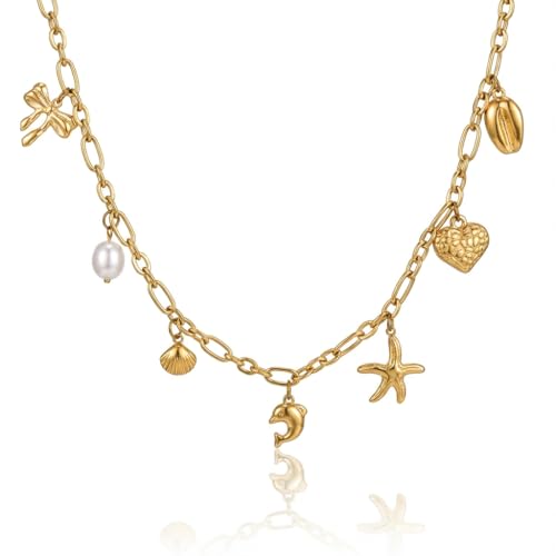 RINHOO Gold Charm Necklace for Women - Paperclip Chain Summer Beach Ocean Theme Jewelry with Starfish Shell Pearl Dolphin Pendants 18K Gold Plated Boho Vacation Necklaces Y2K Coastal Gifts (Style 2-Dolphin) - image 1