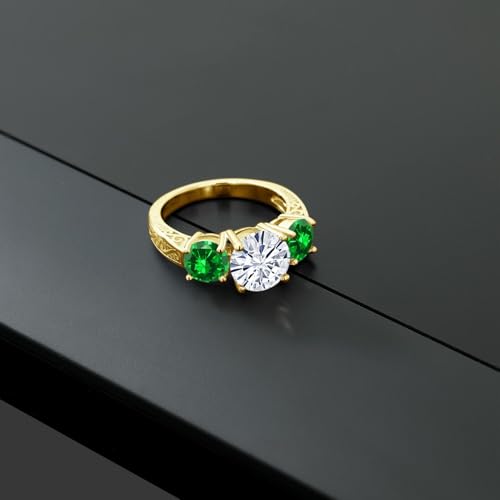 Gem Stone King 18K Yellow Gold Plated Silver White Moissanite and Green Created Emerald Engagement Ring For Women | 3.90 Cttw | Round 8MM | Gemstone Birthstone | Available in Size 5,6,7,8,94