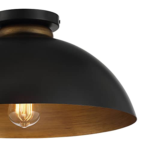 Possini Euro Design Janie Modern Industrial Semi Flush-Mount Fixture 15 1/2" Wide Black Exterior Gold Interior Dome Shade For Bedroom Kitchen Living Room Hallway Bathroom House Home #TOP2