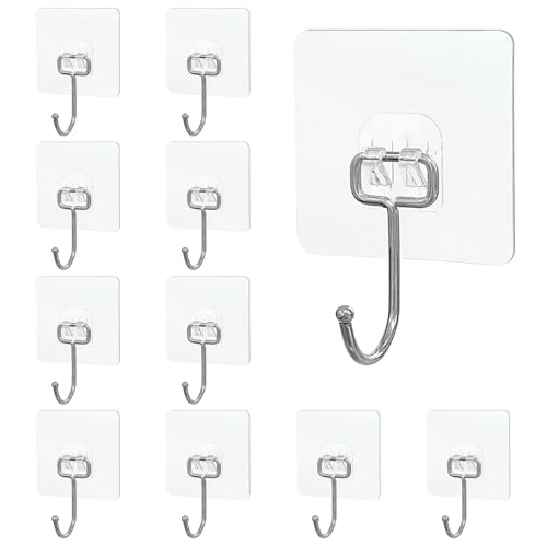 Minfuerang Ganchos Adhesivos,Ganchos Multiuso para Toallas,Ganchos Pared No Mas Clavos,Impermeable,para Baños,Cocinas,Techos,Dormitorios (10 Piezas Transparente)