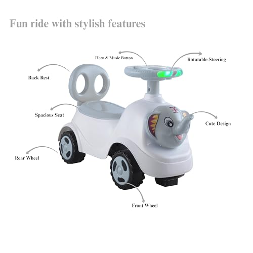 Image of kidsROAR Push Ride On Car for Kids 1-5 Years | Baby Push Car with Music, 3D Lights & Backrest | Premium Ride On Toy Supports Up to 35kg (Elephant, Grey)