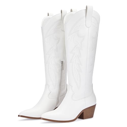 LISYIIZ Women's Cowboy Boots Wide Calf Knee High with Zip Classic Chunky heel for Girls Ladies Fall Winter3