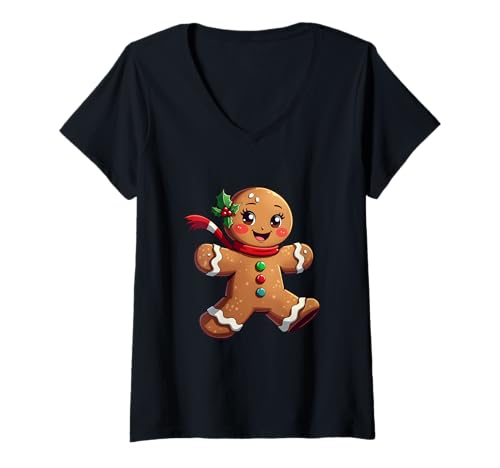 Photo de Femme Bonhomme en pain d'épice de Noël pour femmes mignonnes roux petites filles T-Shirt avec Col en V