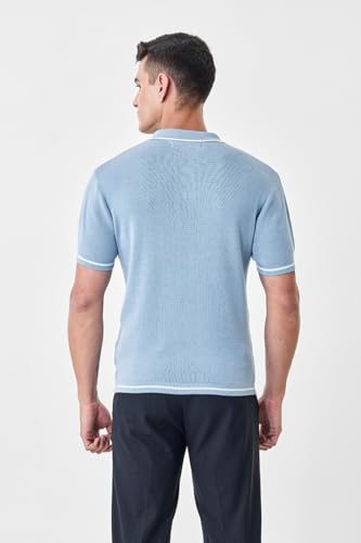 Image of SNITCH Men Polo T-Shirt | Textured Knit V-Neck with Tipping, Pullover Half Sleeve | 100% Cotton Breathable Luxe Knit Resort Wear Casual Top