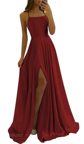 Image of Tvuyet Satin Prom Dresses Long with Pockets Spaghetti Straps A Line Bridesmaid Dresses with Side Slit Ball Gown
