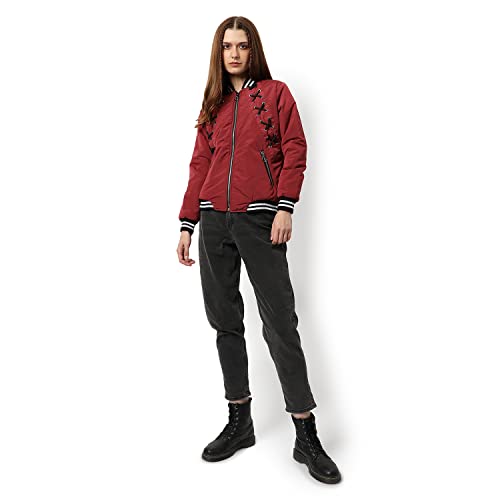 Image of Campus Sutra Women Red Puffer Regular Fit Bomber Jacket For Winter Wear | Low-Cut Standing Collar | Full Sleeve | Zipper | Casual Jacket For Woman & Girl | Western Stylish Jacket For Women