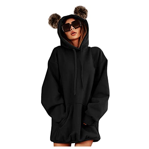 Ghemdilmn Femmes à Capuche Chaud Sweatshirts Solide Poilu Ball Oreilles Casquette de Poche Manches Longues Extérieur Vêtements Doux SWE Chemise en Cuir, Noir , XL Cover