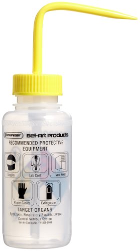SP Bel-Art Right-to-Know Safety-Vented/Labeled 4-Color Isopropanol Wide-Mouth Wash Bottles; 250ml (8oz), Polyethylene w/Yellow Polypropylene Cap (Pack of 4), Translucent (118080008) Made in USA