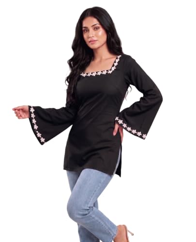 Image of MAHIRA'S Comfort Women's Short Kurti, Rayon Tunic Top with 3 /4 Embroidered Designer Sleeves | Soft Breathable Fabric | Office & Casual Kurti for Jeans, Leggings & Trousers