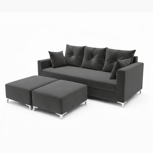 Image of Zora 5 Seater L Shape Sofa Set with 2 Movable Ottomans | Flexible Layout | Rich Velvet Suede Fabric | Silver Legs | Spacious Seating | Modern Sofa for Living Room (Dark Grey)