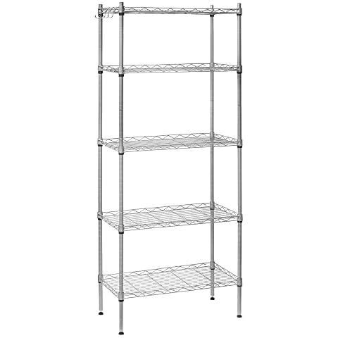 OSGP 5 Shelf Storage Rack Heavy Duty Metal Organizer Storage Shelf Adjustable Wire Rack Steel Organizer with Leveling Feet, Hooks and Wire Shelf Liners, Silver(23.6L x 12.6W x 59.1H) Cover