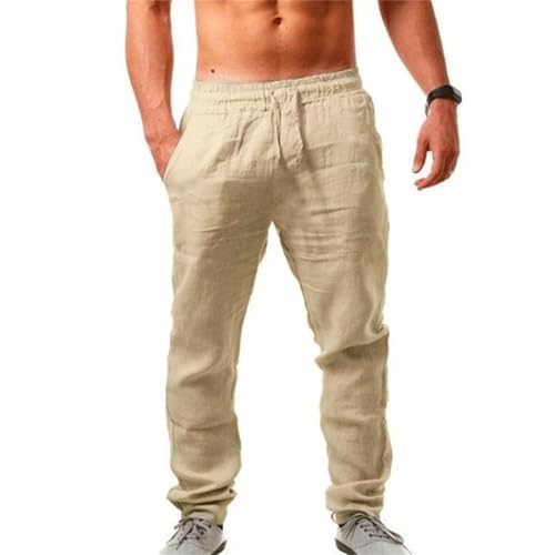 Gellmall Pantalones cortos de lino para hombre, ligeros, para el tiempo libre, con bolsillos con cordón, pantalones de playa sueltos, transpirables, S-2XL, Caqui A., XL