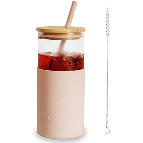 MEIXINZHI Glass Cup with Bamboo Lid and Straw, 20 oz Glass Tumbler with Silicone Protective Sleeve, Reusable Drinking Glasses, Cute Cup for Iced Coffee, Smoothie, Tea, Juice, Beer Cover