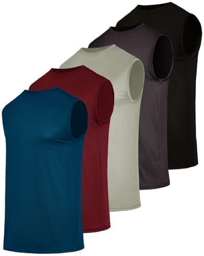 Real Essentials 5 Pack: Men's Breeze Tech Tank Tops Sleeveless Shirts Workout Muscle Athletic Running (Big & Tall Available)