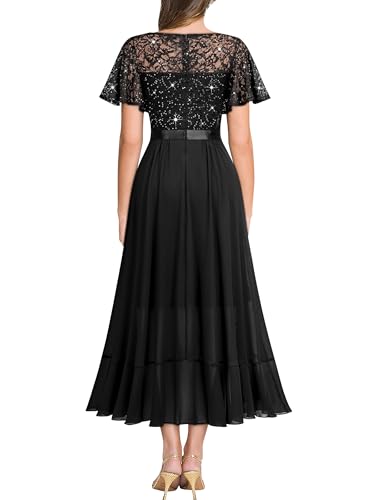 Image of Miusol Women's Classy V-Neck Butterfly Sleeve Sequined Floral Lace Ruffle Split Bridesmaid Party Dress