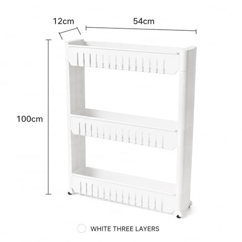 Image of JD FRESH 3-Tier Slim Rolling Storage Organizer Rack /Fridge Side Storage Rack /Plastic Trolley Storage Stand with Wheels /Floor Standing Cabinet for Bathroom and Kitchen Corner Area (White)