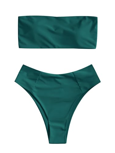 Image of ZAFUL Women's High Cut Bandeau Bikini Set Strapless Solid Color 2 Pieces Bathing Suit Swimsuit