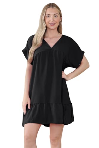 Image of Hamishkane® Women Italian Short Sleeve Smock Dress, V-Neck Ruffle Hem Pleated Summer Mini Dress, Lightweight Flared Swing Smock Dresses, Stylish Beach Dresses for Women UK Black