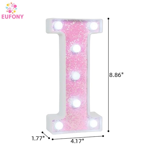 Image of Pink Glitter Marquee Light Up Letters, Battery Operated LED Letter Lights Signs for Pink Birthday Party Table Decorations, Wall Decor for Girls Bedroom, Initial Letter I with Cool White Lights