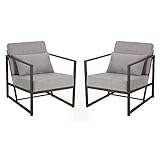 Mingone 2er Set Sessel Gepolsterter Cocktailsessel Polstersessel Stuhl Relaxsessel aus Leinen Loungesessel mit Handläufen Eisengestell für Wohnzimmer, Hellgrau