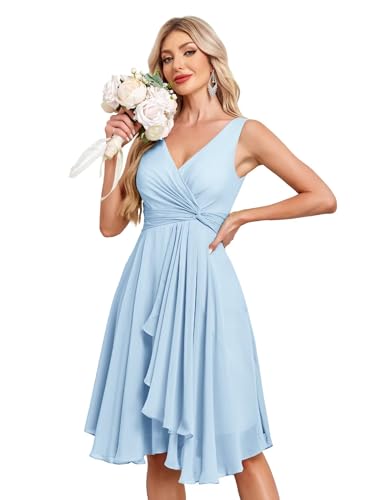 Image of Women's V Neck Short Bridesmaid Dresses 2025 Ruched Waist A Line Chiffon Formal Cocktail Party Dress