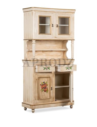 Image of APRODZ Wooden Handpainted Crockery Display Sideboard Storage Cabinet for Home (Cream & Natural Finish)