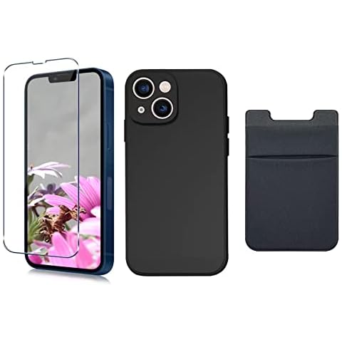 HEDQFM Compatible with iPhone 13 Case 6.1inch +Tempered Glass Screen Protector +Cell Phone Stick On Card Wallet Sleeve Black Cover