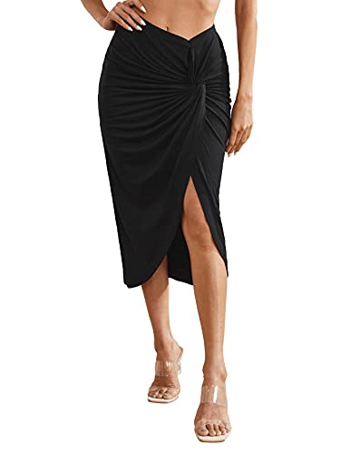 Verdusa Women s Twist Front Split Ruched Asymmetrical Hem Wrap Midi Skirt Black S