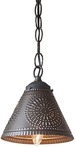Irvins Tin Lamp Shade – 14 Inch Black Metal With Punched Willow Pattern, Country Style, USA Made