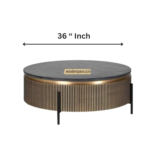Image of WOODEN SPACE Premium Luxury Nazaara Marble-Top Coffee Table with Iron Legs & PVD Coating | Modern Round Wooden Center Table for Living Room & Entryway
