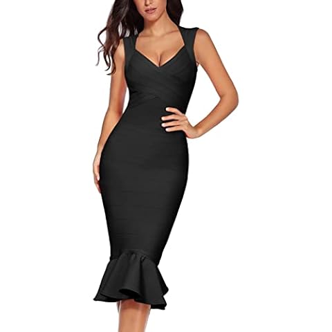 Madam Uniq Women Shoulder Strap Sleeveless Fishtail Midi Bandage Dress Bodycon Club Party Evening Wedding Guest Dresses (XL, Black-1) Cover