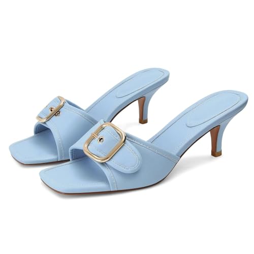 Image of Dsevht Black Kitten Heel Sandals Stiletto Low Heels Slip On Slides Mule Sandal Square Open Toe Dress Shoes for Women