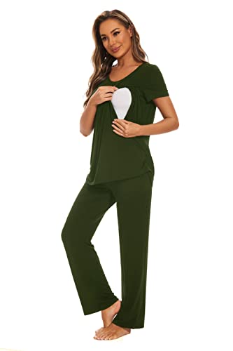 Smallshow Women's Maternity Postpartum Pajamas Ruched Short Sleeve Nursing Pjs Medium,Army Green #TOP2