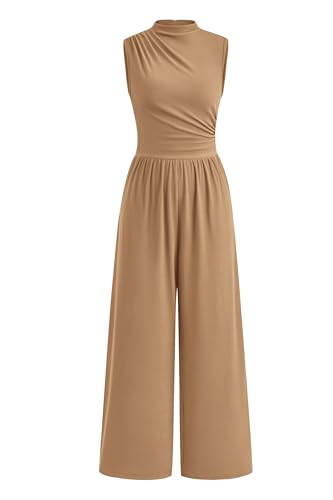 PRETTYGARDEN Womens Summer Jumpsuits Dressy Casual One Piece Outfits Sleeveless Mock Neck Wide Leg Pants Rompers with Pockets
