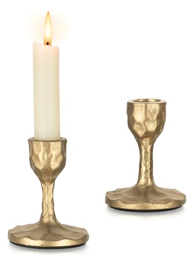 Inweder Antique Brass Candlestick Holders: Cast Iron Taper Candle Holder Handcrafted Gold Vintage Candle Sticks Holder Rustic Fall Decor for Dinning Table Mantel Home Party Set of 2