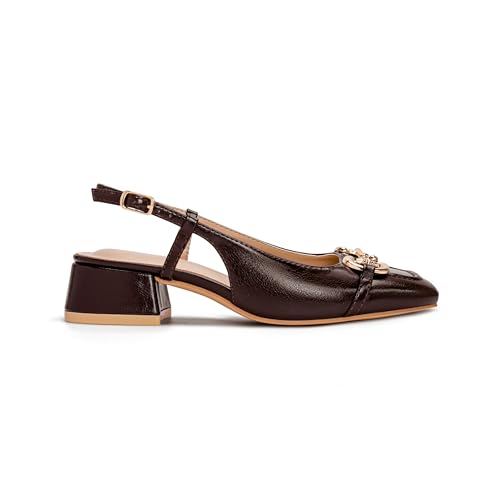 Image of Slingback Mary Jane Heels for Women Low Block Heel Closed Square Toe Pump Shoes Heels Classic Daily Office Dressy Shoes