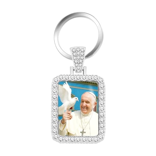 JunyiDIY Portachiavi cristallo bianco Papa Francesco elegante ciondolo rettangolare papà mamma regalo compleanno accessorio spirituale pace YA5951